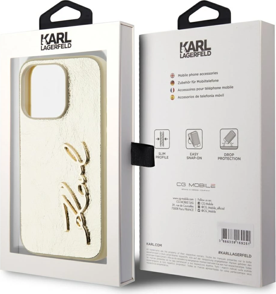 Mbështjellës Karl Lagerfeld Wrinkled Metal Signature për iPhone 15 Pro, Gold