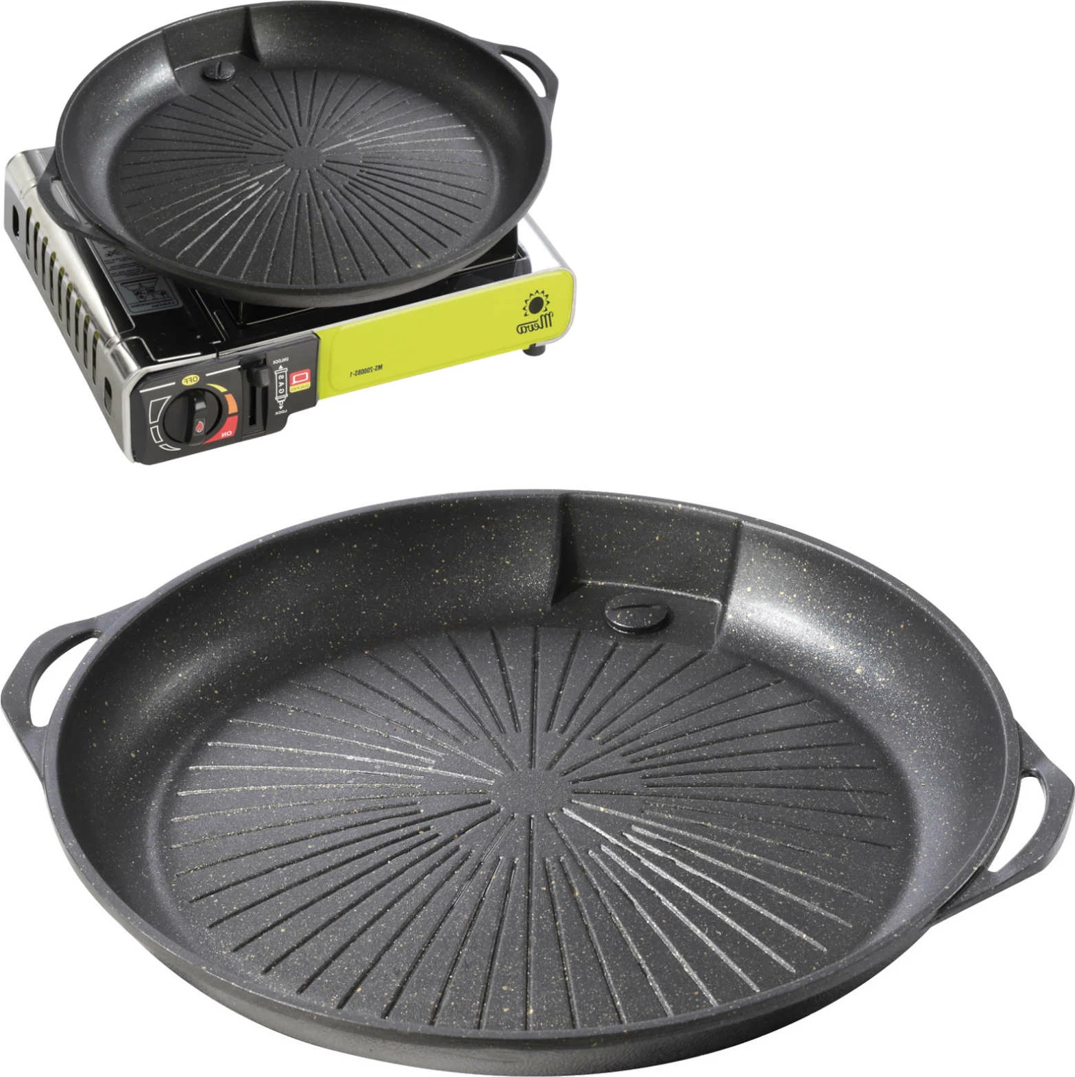 Tigan grili dhe grilë Meva UGP22003 për sobë kampingu, alumini, 385 mm, e zezë