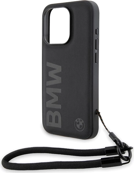 Mbështjellës BMW Signature Leather Wordmark Cord për iPhone 15 Pro, lëkurë, i zi