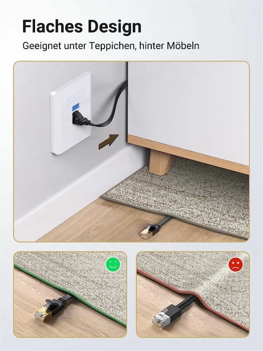 Kablë rrjeti Ethernet Cat7 UGREEN 11265 RJ45 flat STP 10m, e zezë