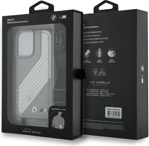 Mbështjellës BMW M Edition Carbon Stripe & Strap për iPhone 16, Gri
