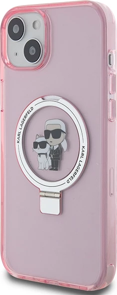 Mbështjellës Karl Lagerfeld Ring Stand Karl&Choupette MagSafe për iPhone 15 Plus, rozë