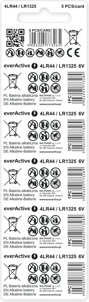 Bateri alkaline everActive 4LR44/LR1325/544A, 6V, pako 5 copë