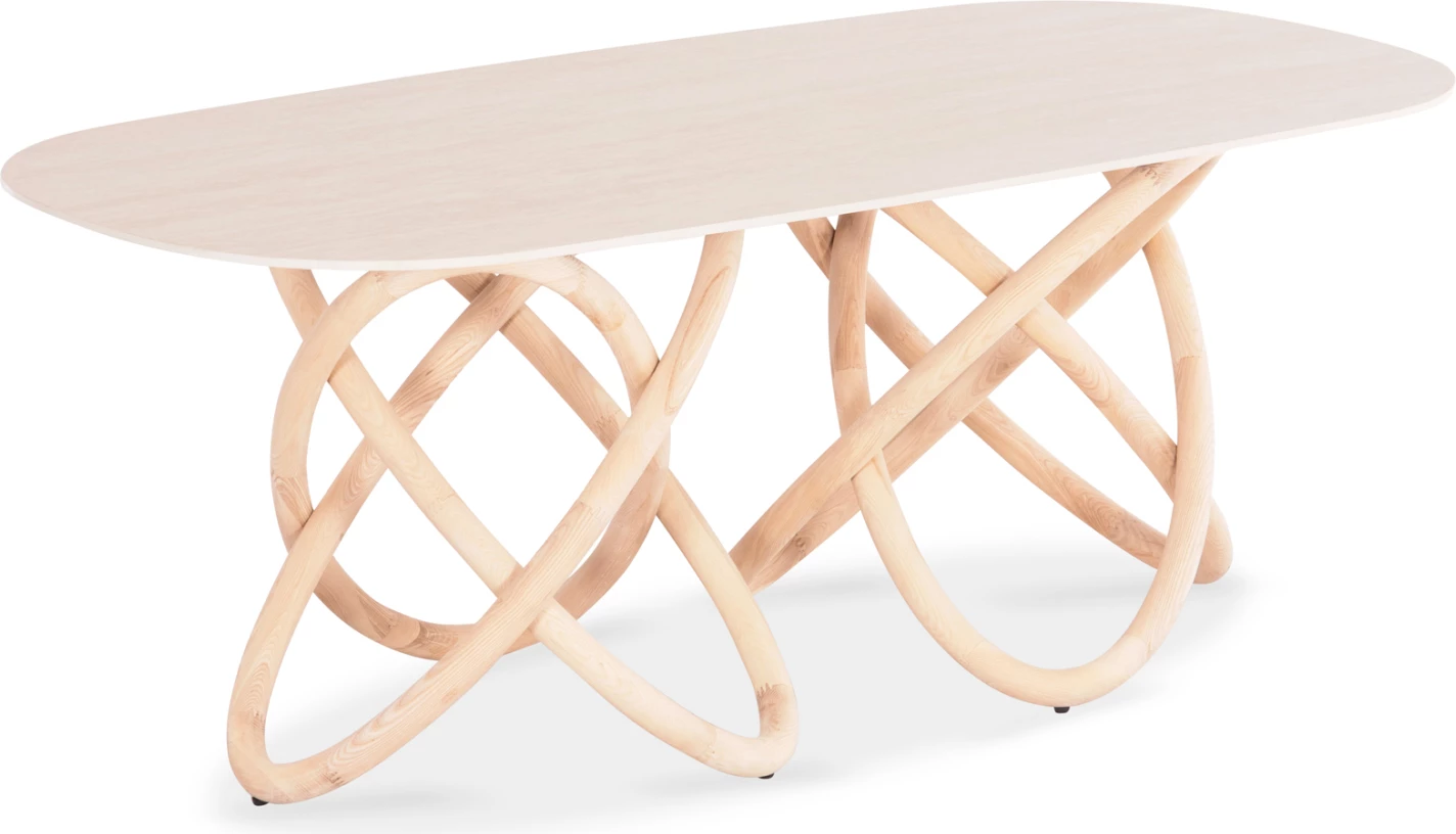 Tavolinë ngrënie Orbiter, sipërfaqe qeramike ngjyrë ecru, këmbë fraksini natyrale, 200x100x76.5cm