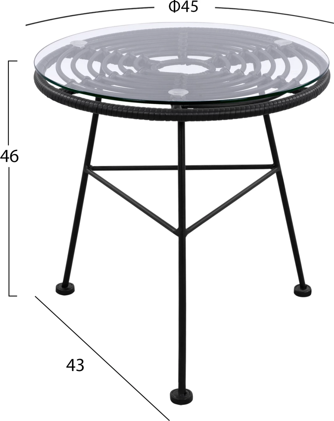 Tavolinë metalike Allegra me thurje, ngjyrë e zezë dhe xham, FH5459.02, 45x46cm