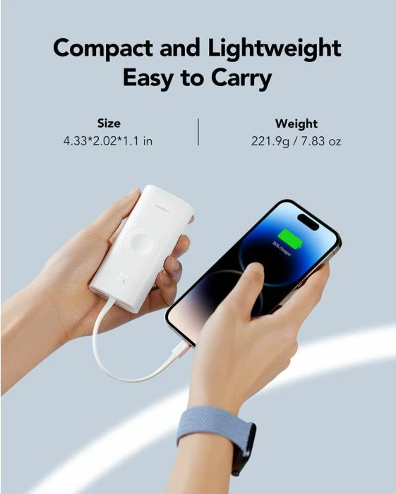 Powerbank VEGER W1162S 10000mAh MagFan me kabllo të integrume Type-C në Lightning, karikues Apple Watch dhe stand, 25W, i bardhë