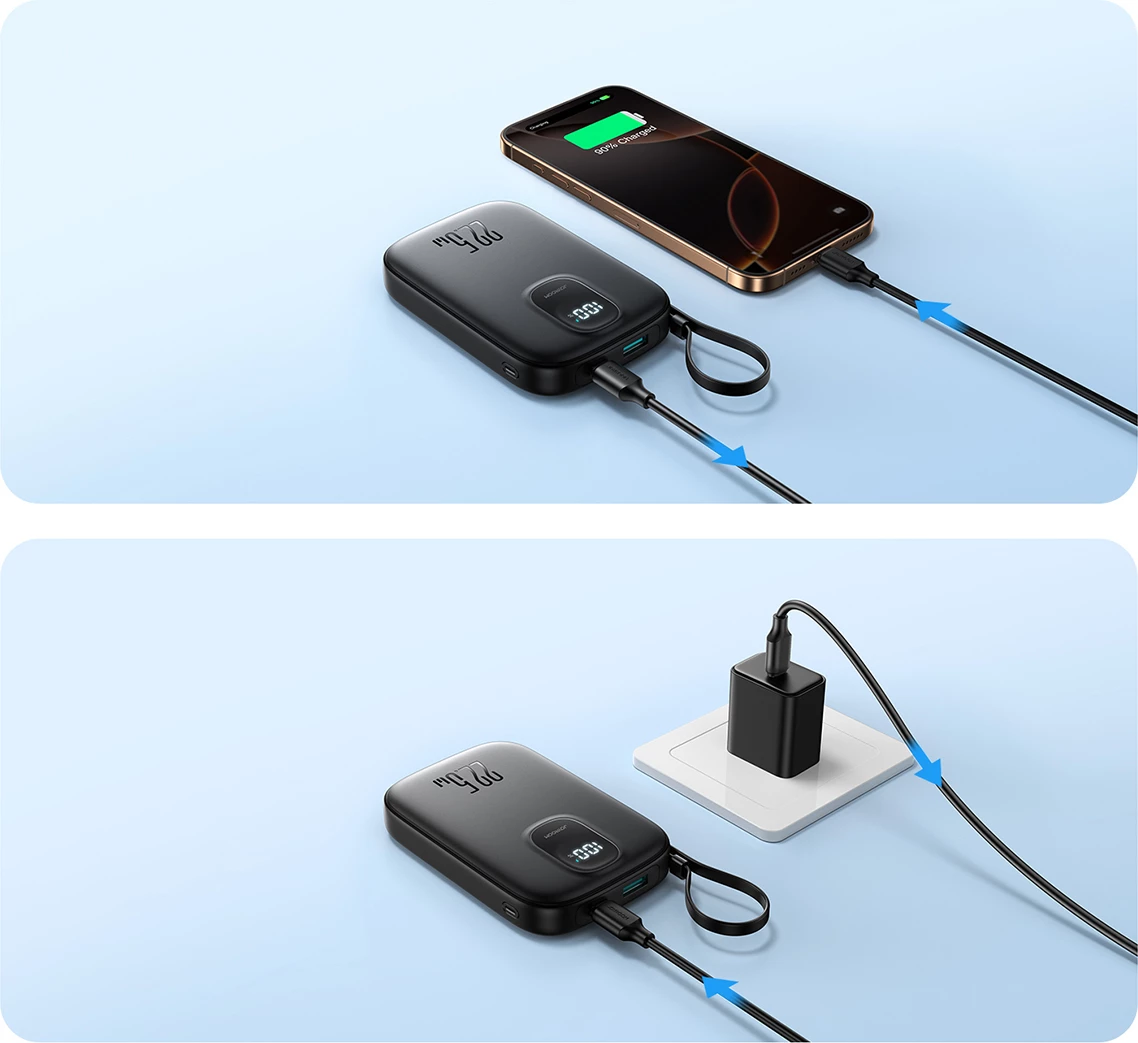 Powerbank Joyroom JR-PBF18, 10000mAh, 22.5W, me kabllo Lightning të integruar + kabllo USB-C 25cm, e zezë