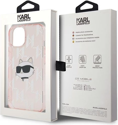 Mbështjellës Karl Lagerfeld IML Choupette Head & Monogram për iPhone 14/15/13, Rozë