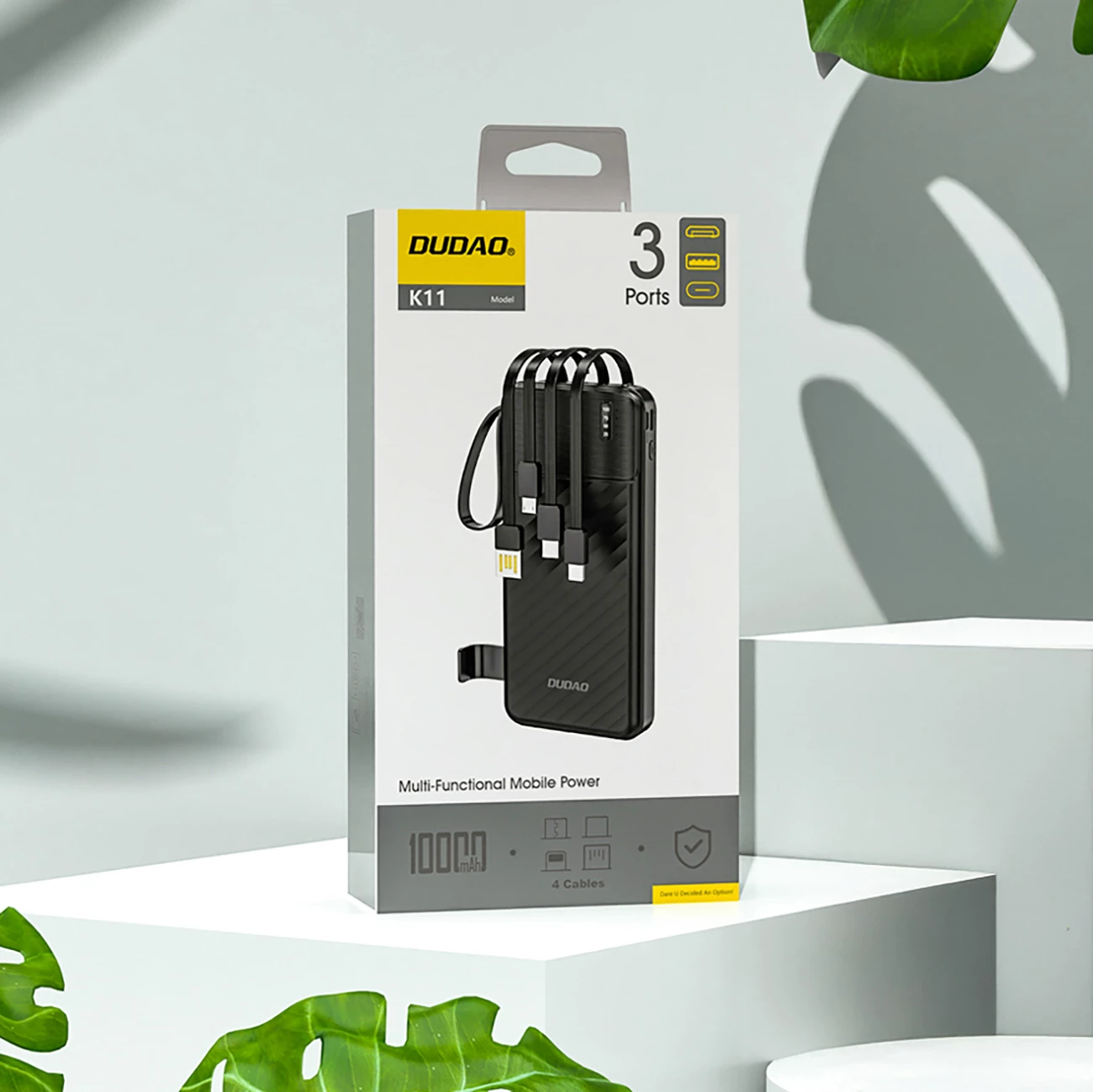 Powerbank Dudao K11, 10000 mAh, me kabllo të integruara, e zezë