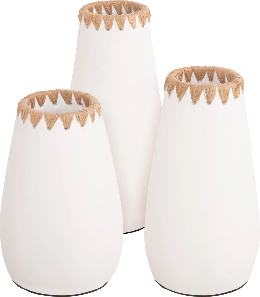 Set 3 copë vazo dekorative, FH4373, terrakota, ngjyrë e bardhë, me thurje kashte në buzë