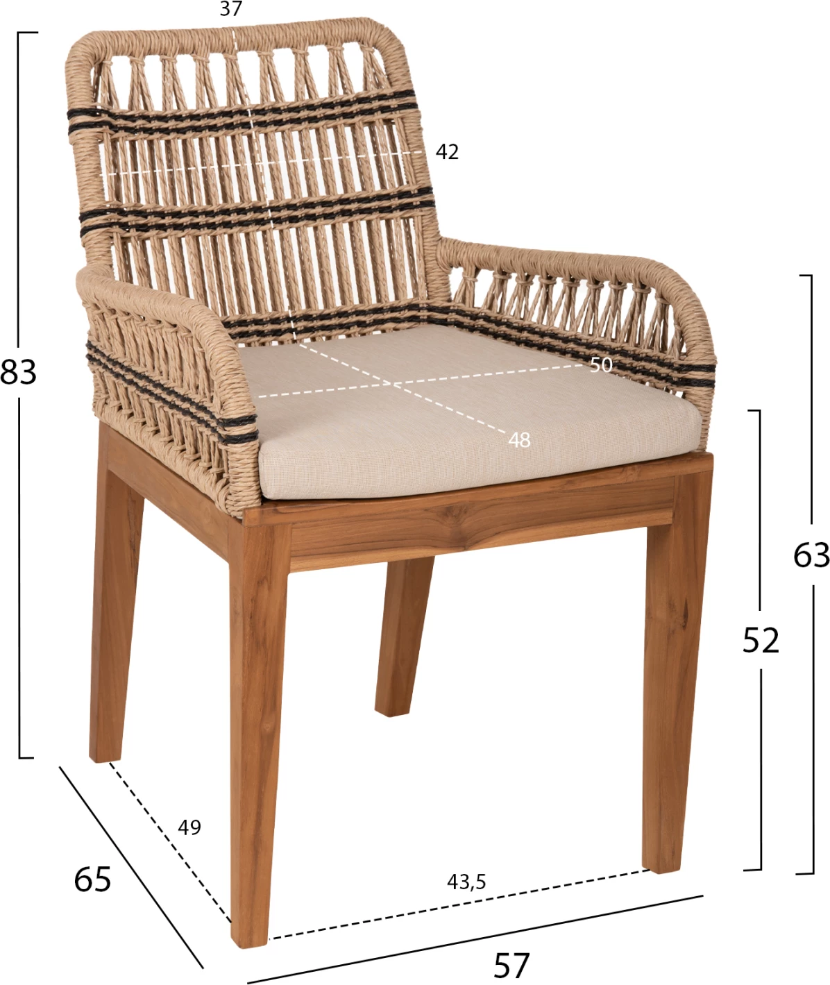 Karrige me krahë STARDOM, dru tik dhe litar, ngjyrë natyrale me detaje antraciti, FH9760.02, 57x65x83cm