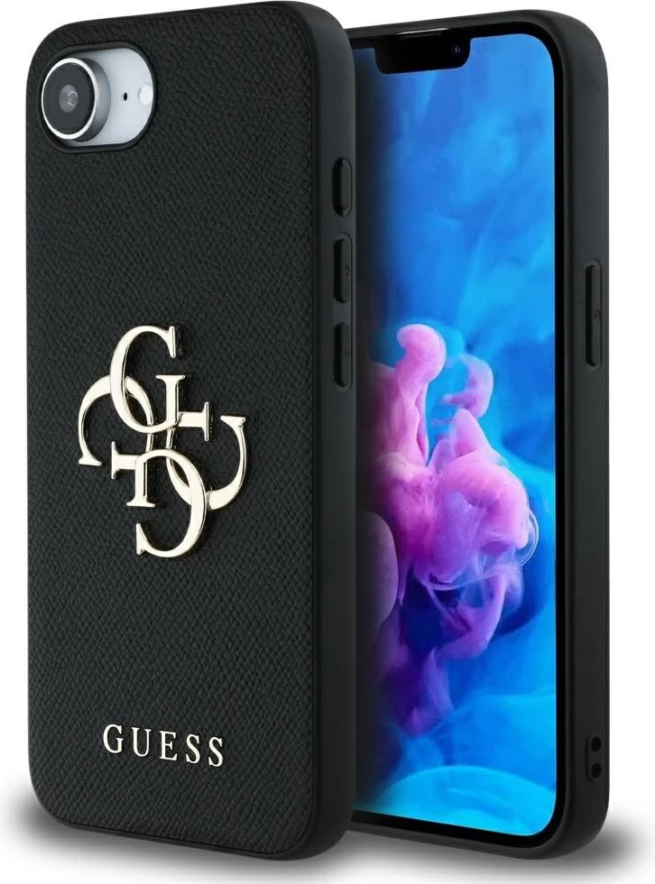 Mbështjellës Guess PU Grained 4G Metal Logo për iPhone 16e, i zi