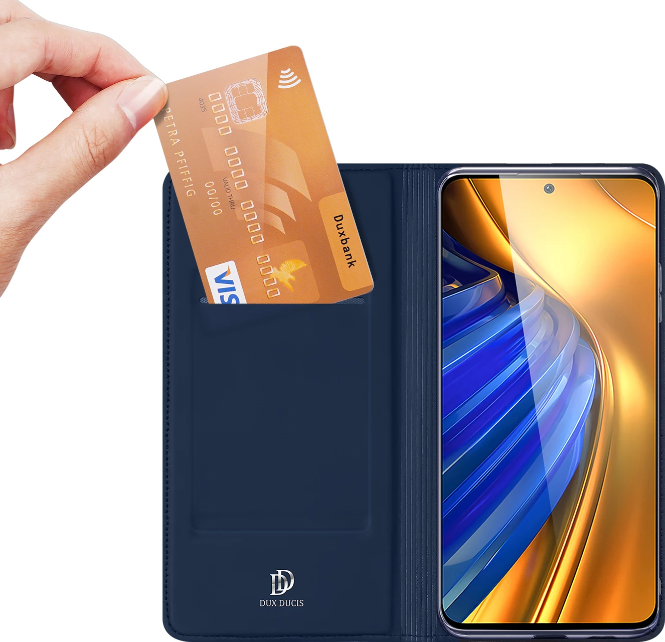 Mbështjellës Dux Ducis Skin Pro për Xiaomi Poco F4 5G, me kapak, xhep kartelash dhe funksion qëndrimi, Kaltër