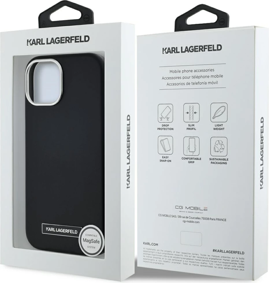 Mbështjellës Karl Lagerfeld FW Metal Plate MagSafe për iPhone 15, i zi
