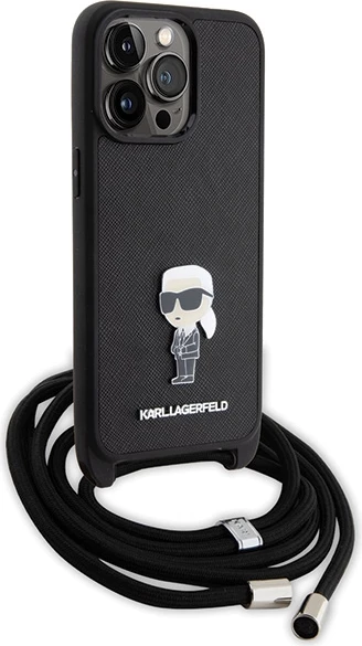 Mbështjellës Karl Lagerfeld Crossbody Saffiano Monogram Metal Pin Karl & Choupette për iPhone 15 Pro Max, i zi