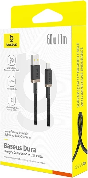 Kabllo Baseus Dura USB Type A në Type C, 60 W, 1 m, E zezë, Ari