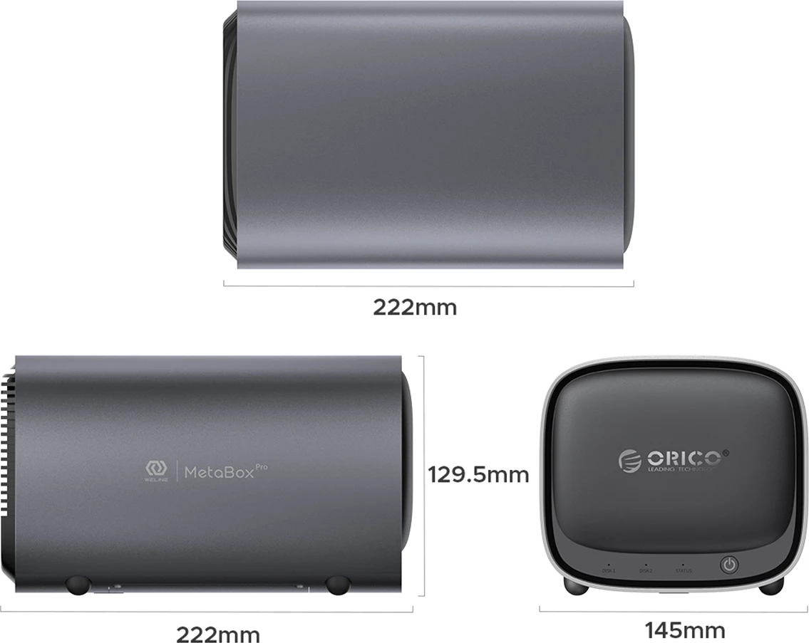 NAS ruajtje në rrjet, Orico HS200-Pro MetaBox Pro Home, Intel Celeron N5100, 8GB RAM, deri 76TB, 2x 2.5GbE, M.2 NVMe + SATA, gri