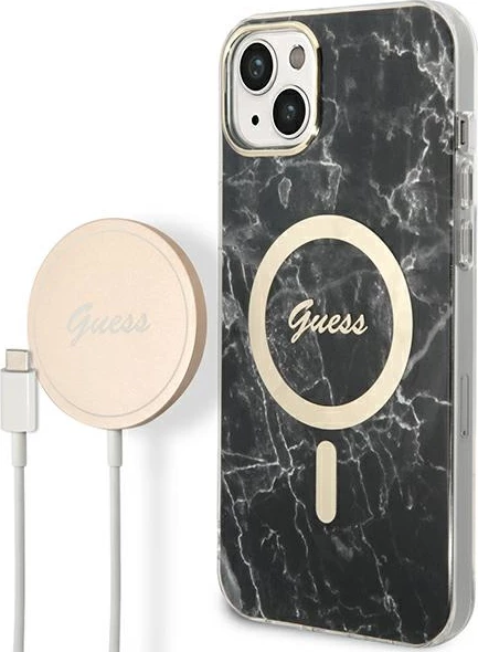 Set mbështjellës Guess Marble Collection me karikues wireless MagSafe për iPhone 14, 6.1", e zezë
