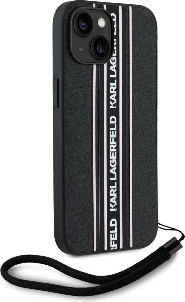 Mbështjellës Karl Lagerfeld Saffiano Athleisure Stripes Cord për iPhone 15, Rozë