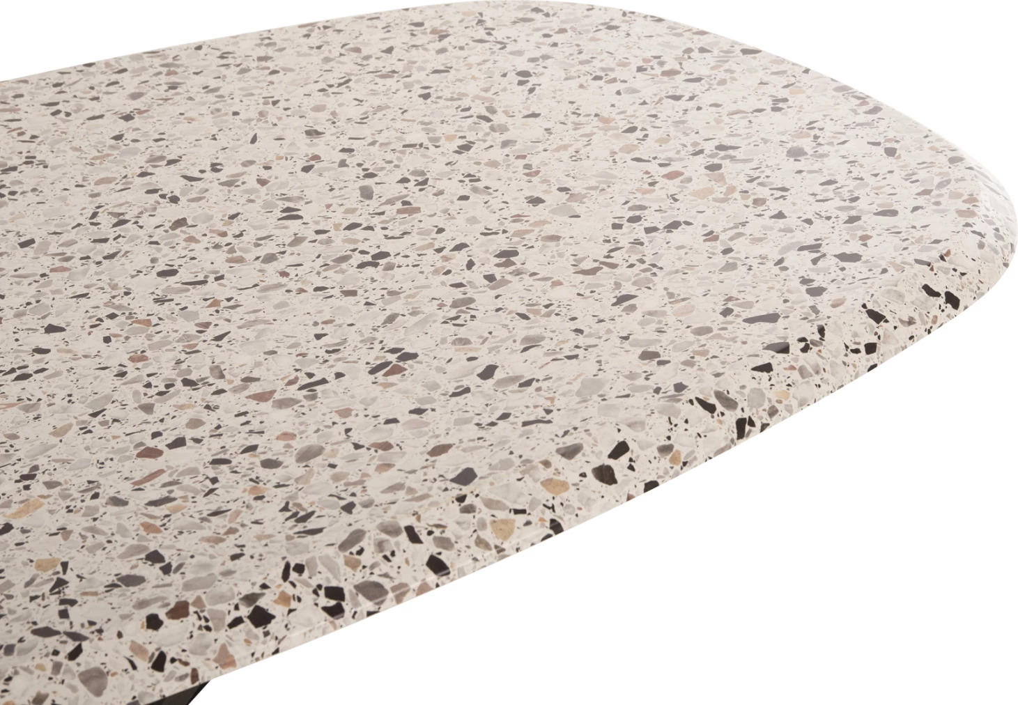 Tavolinë oval për ngrënie, sipërfaqe tavoline Werzalit, ngjyrë terrazzo, bazë metalike e zezë, 146x94x75H cm