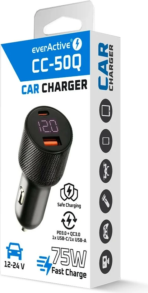 Karikues makine, everActive CC-50Q, 75W USB-C PD + QC3.0, 1x USB-A + 1x USB-C, ekran voltazhi, zi