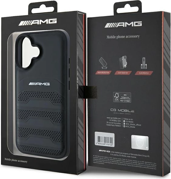 Mbështjellës Mercedes AMG për iPhone 16, lëkurë, i zi
