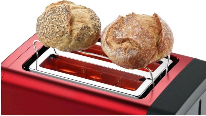 Toster, Bosch, TAT4P424, 2 feta, 970 W, kontroll pjekjeje, shkrirje/rirnxehtësi, High Lift, fikje automatike, e kuqe/zezë