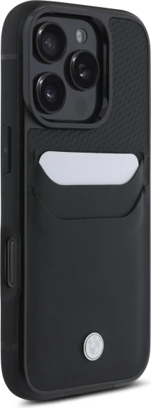 Mbështjellës BMW Sign prej lëkure për iPhone 16 Pro Max, i zi