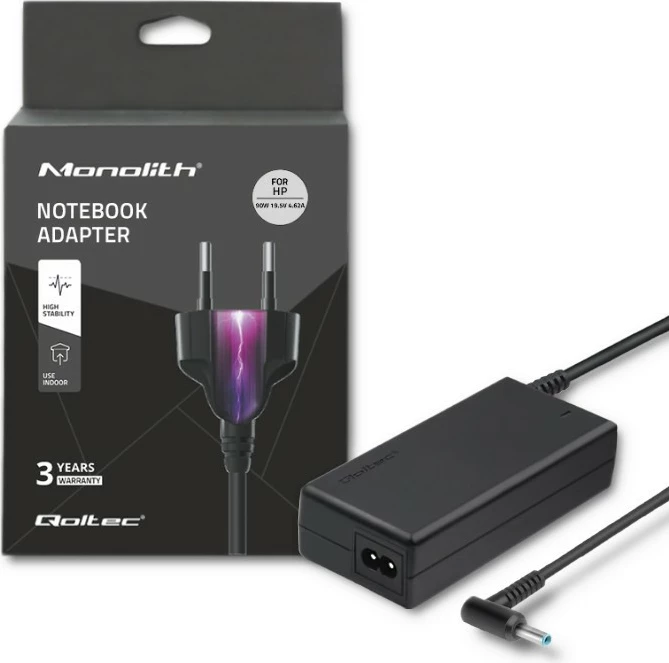 Adapter rryme Qoltec për HP Compaq, 90W, 19.5V, 4.62A, 4.5*3.0+pin, i zi