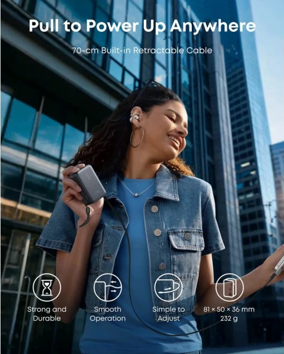 Powerbank ANKER Nano A1638H11 10000 mAh 45W me kabllo USB-C të integrume, zi