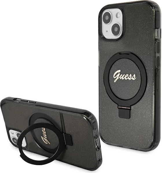 Mbështjellës Guess Ring Stand Script Glitter MagSafe për iPhone 15 Plus / 14 Plus, i zi