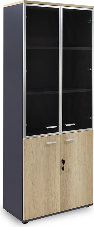 Raft librash Lotus me katër dyer, xham dhe dru, ngjyrë lisi-antracit, 80x40x200cm