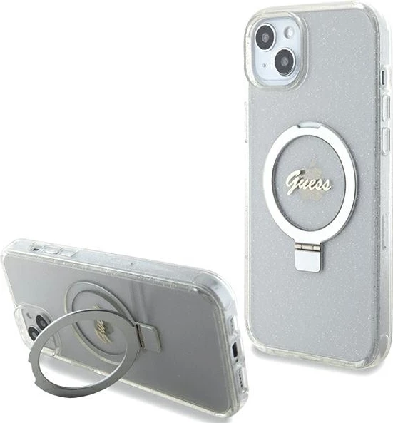 Mbështjellës Guess GUHMP15MHRSGSD për iPhone 15 Plus / 14 Plus 6.7", transparent, me unazë dhe MagSafe