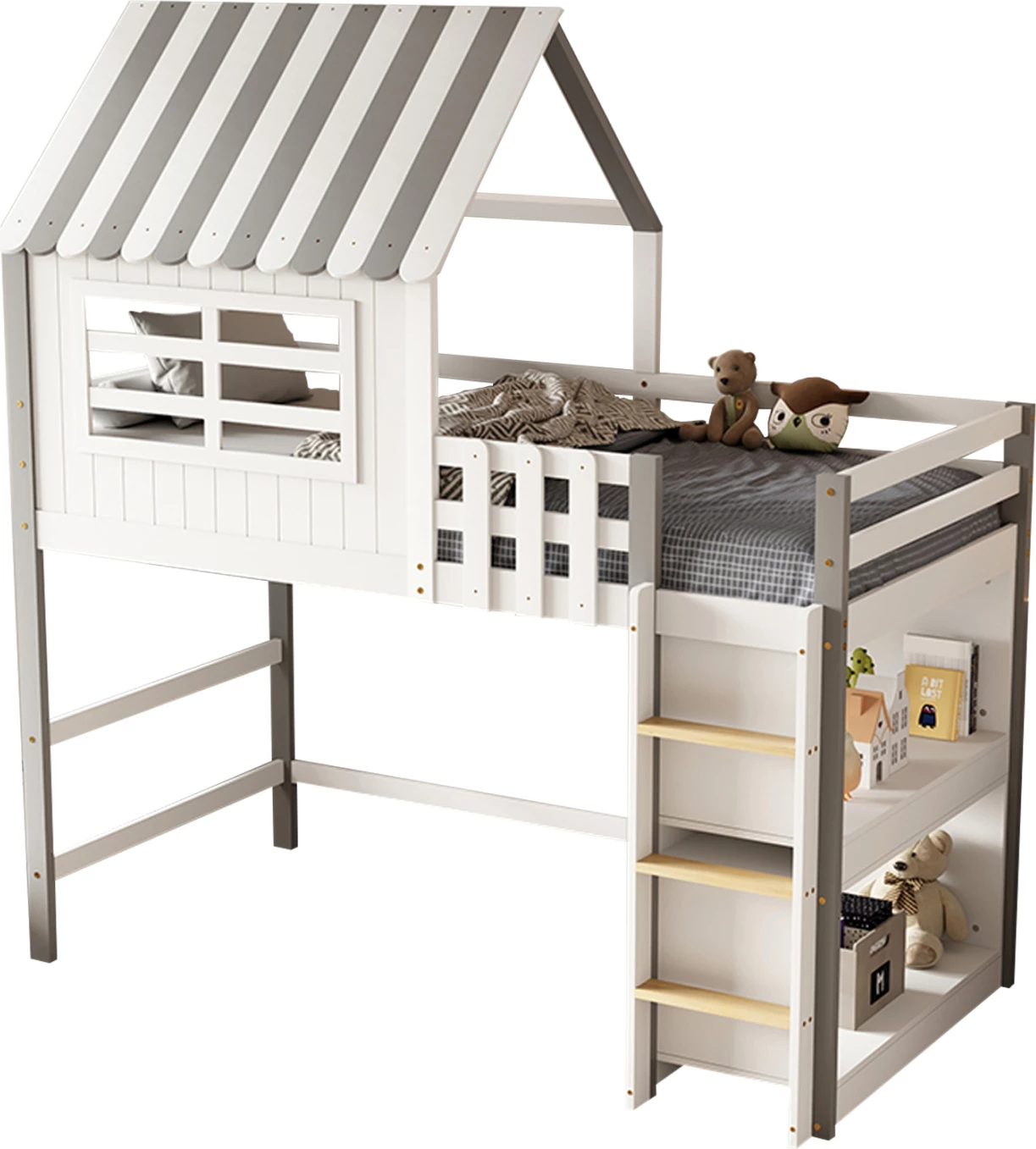 Krevat për fëmijë Montessori me rafte, druri pishe, bardhë-gri, HOMI FH712, për dyshek 90x190cm