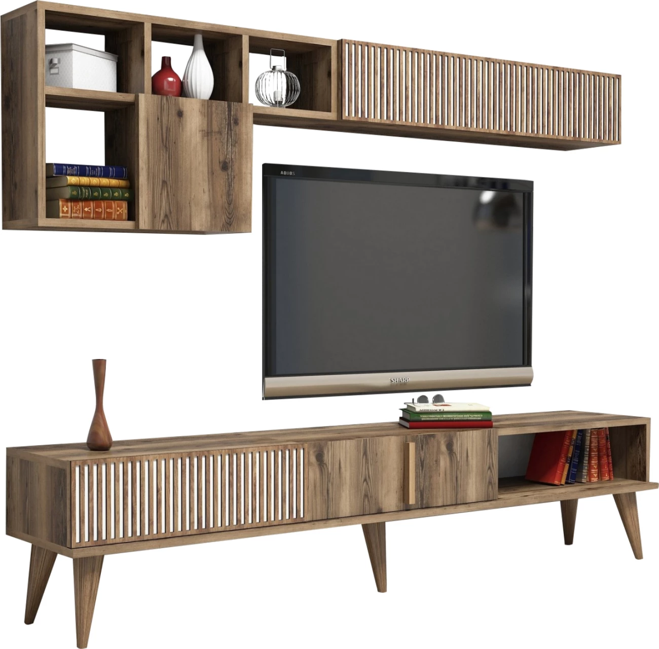 Set mobiljesh për TV, FH9438.02, melaminë, ngjyrë arre-bardhë, 180x35x40Hcm