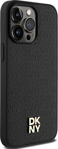 Mbështjellës DKNY Leather Monogram Pattern Metal Logo MagSafe për iPhone 15 Pro Max, i zi