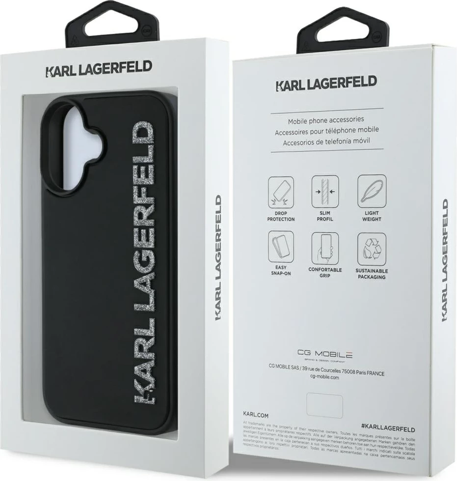 Mbështjellës Karl Lagerfeld HC 3D Rubber Elongated Glitter për iPhone 16, i zi