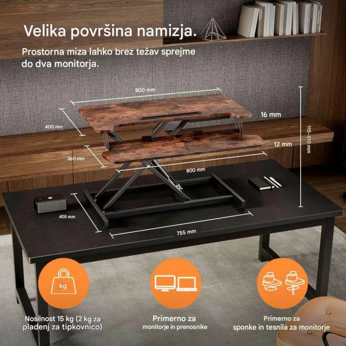 Konvertues tavoline sit-stand VONHAUS 3000916 80x40cm lartësi 11.5-51cm, dru i errët