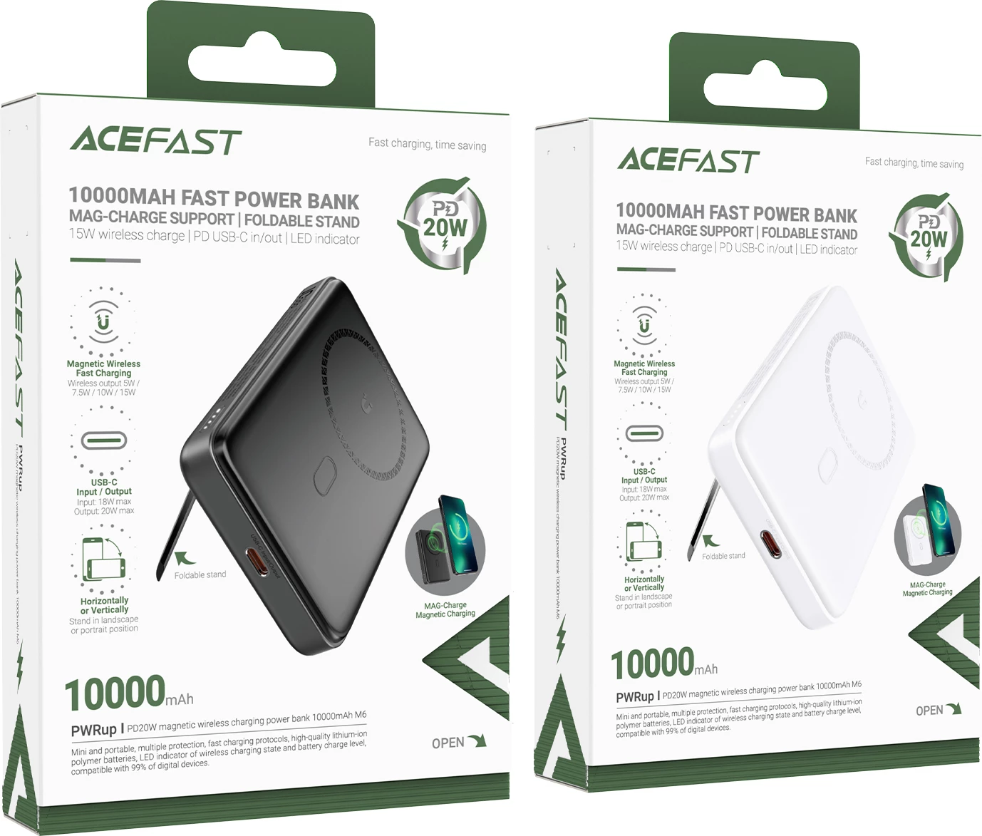 Powerbank Acefast M6, 10000mAh, 20W, karikim wireless, me kabllo, e bardhë