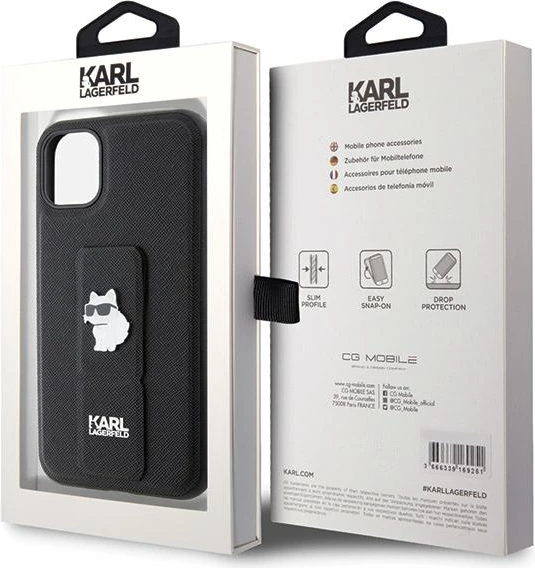 Mbështjellës Karl Lagerfeld Gripstand Saffiano Choupette Pins për iPhone 11/XR, i zi