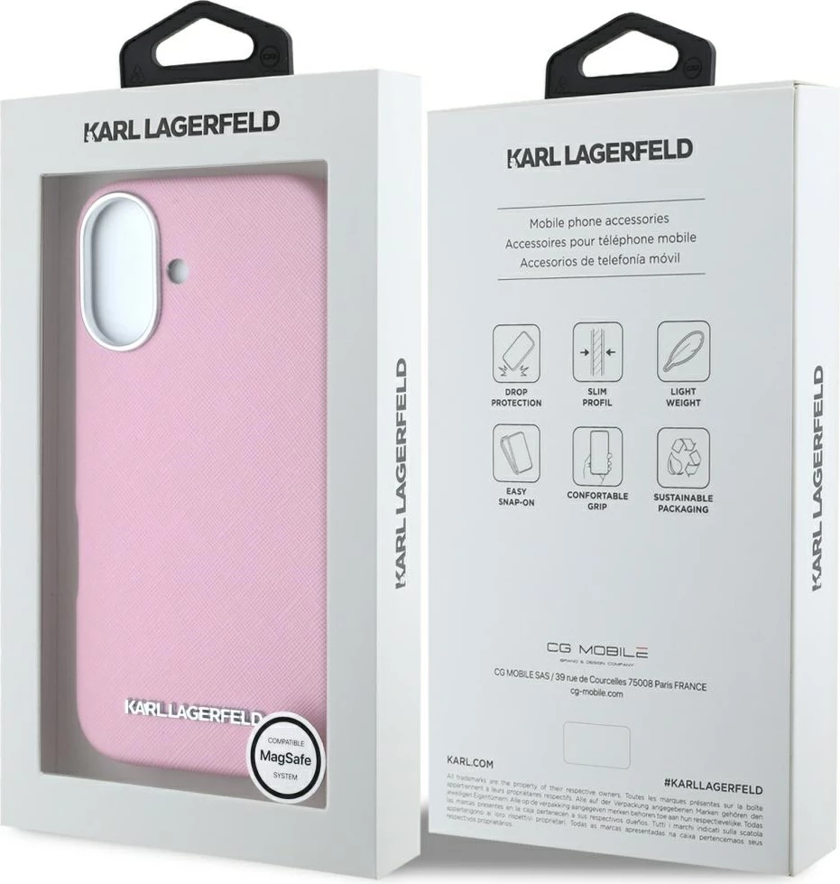 Mbështjellës Karl Lagerfeld Saffiano Full Wrapped Elongated Metal Logo MagSafe për iPhone 16, Rozë