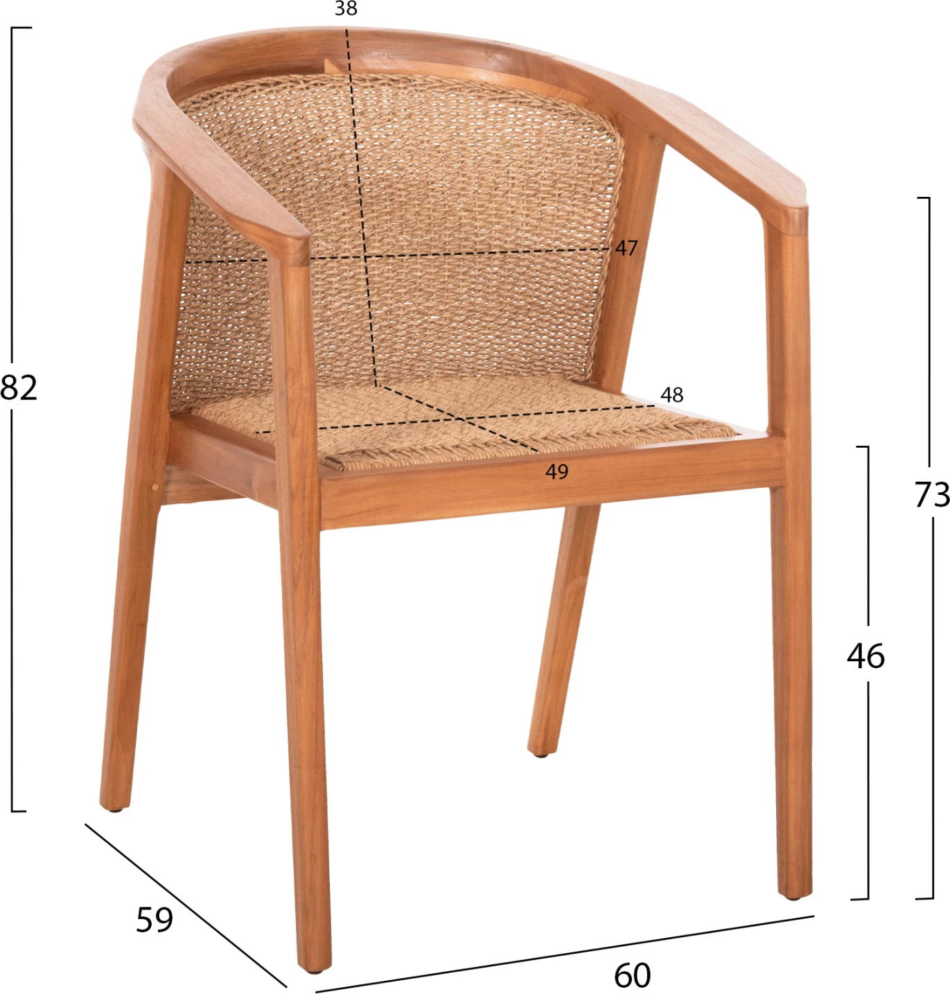 Karrige ngrënieje RENLY, dru tik natyral, litar VIRO, 60x59x82cm