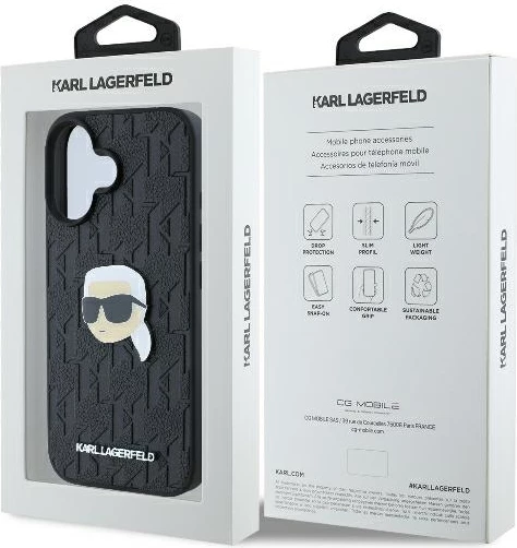 Mbështjellës Karl Lagerfeld Monogram Karl Head Pin për iPhone 16, i zi