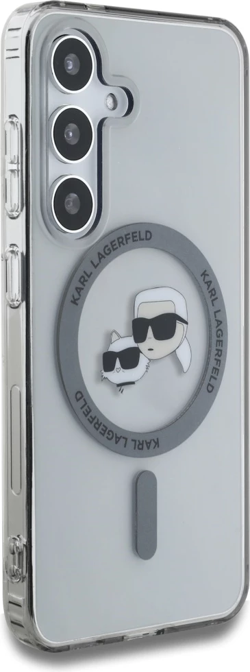 Mbështjellës Karl Lagerfeld Button Karl & Choupette Heads Printed Logo MagSafe për Samsung Galaxy S25, Zi
