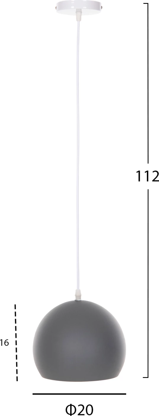 Llambë varëse për tavan, FH4109, kapak sferik gri, kabllo e bardhë, Φ20x112H cm