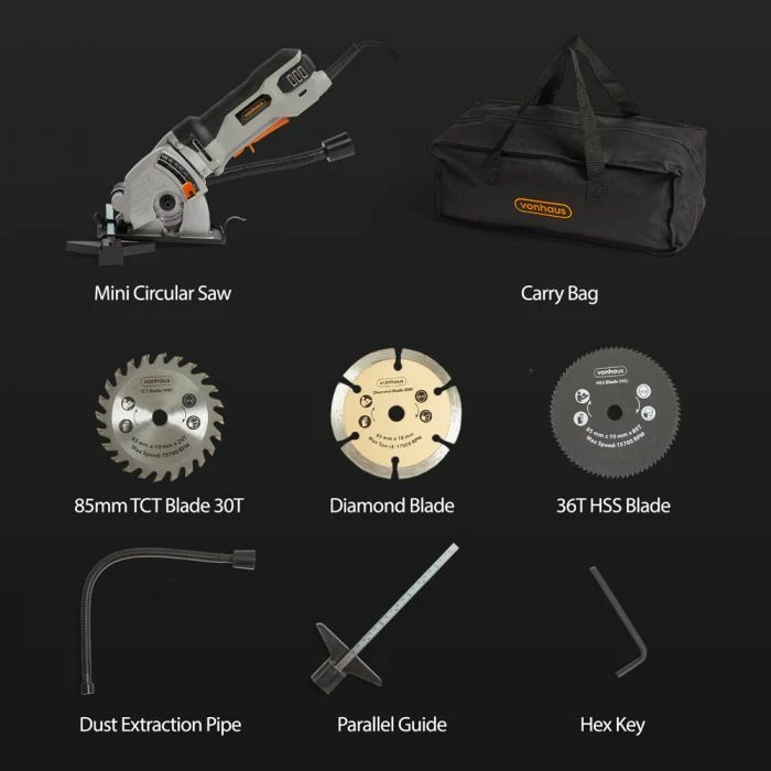 Mini sharrë rrethore VONHAUS 3500253 550W, set me 3 tehe + çantë, e zezë/gri