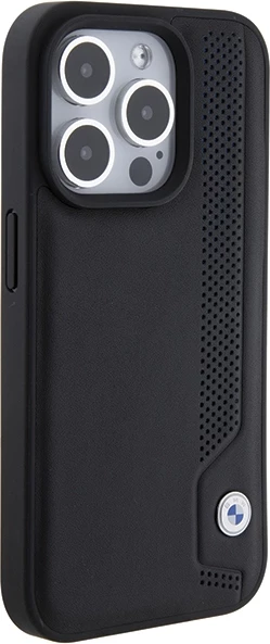 Mbështjellës BMW Leather Blue Dots për iPhone 15 Pro Max, i zi