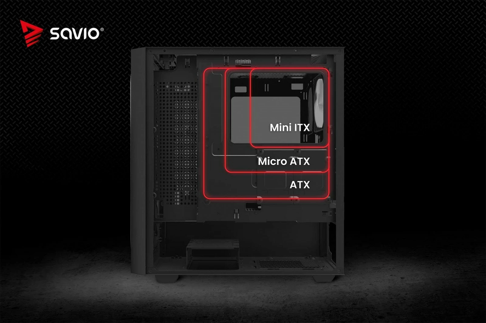 Kasë, Savio NOCTIS FLOW X1, Midi Tower ATX, 4x120 mm PWM, xham i temperuar, rrjetë frontale, e zezë