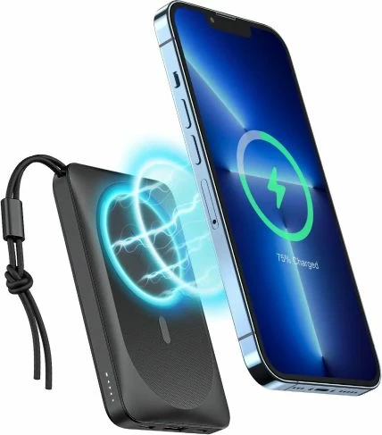 Powerbank VEGER MagOn 10000 mAh, MagSafe/Qi 15W, PD/QC 22.5W, e zez, set me kabllo Type-C + unazë mbështetëse