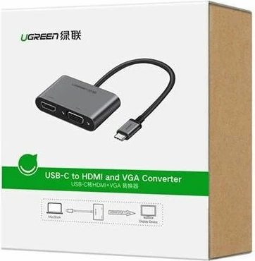 Adapter USB-C në HDMI + VGA me PD, UGREEN 50505, 4K@30Hz, 1080p@60Hz, kabllo 25 cm, gri, me kuti